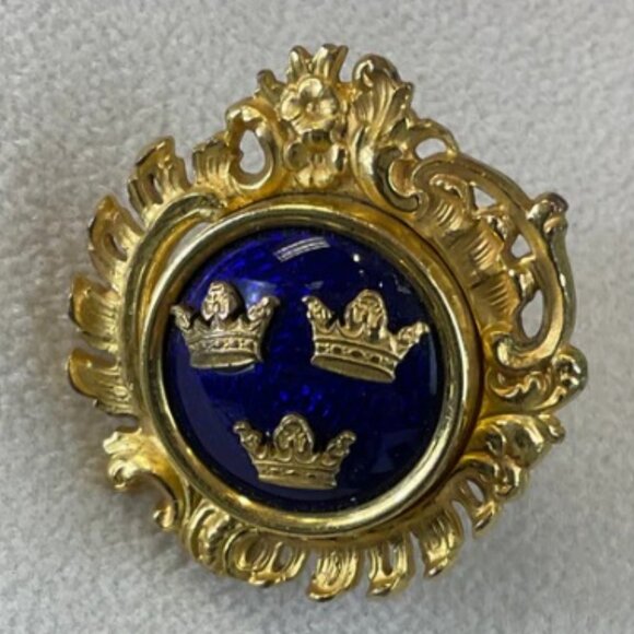 Vintage Sporrong & Co. Stockholm Blue Enamel 3 Crown Gold Brooch Pin Swedish - Picture 3 of 16